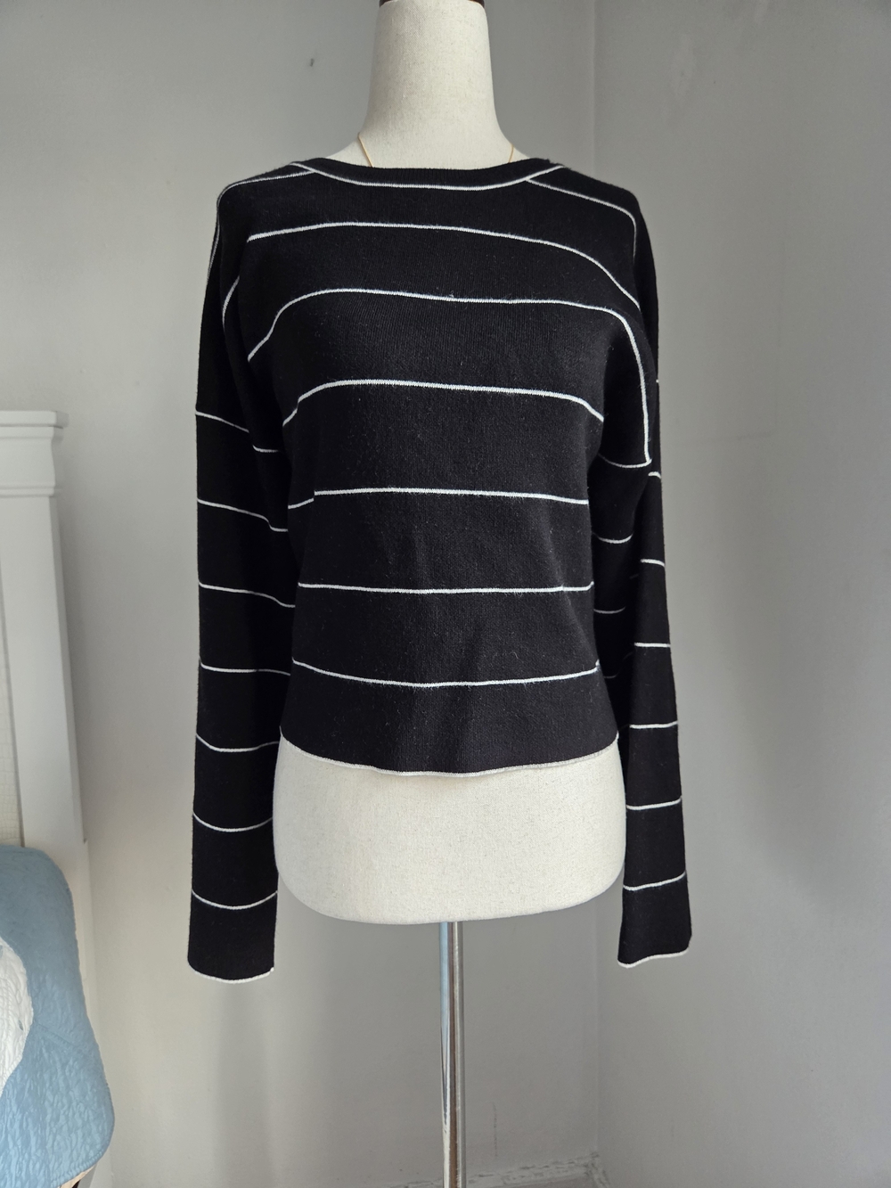 Max Studio Black and White Striped Crewneck Sweater